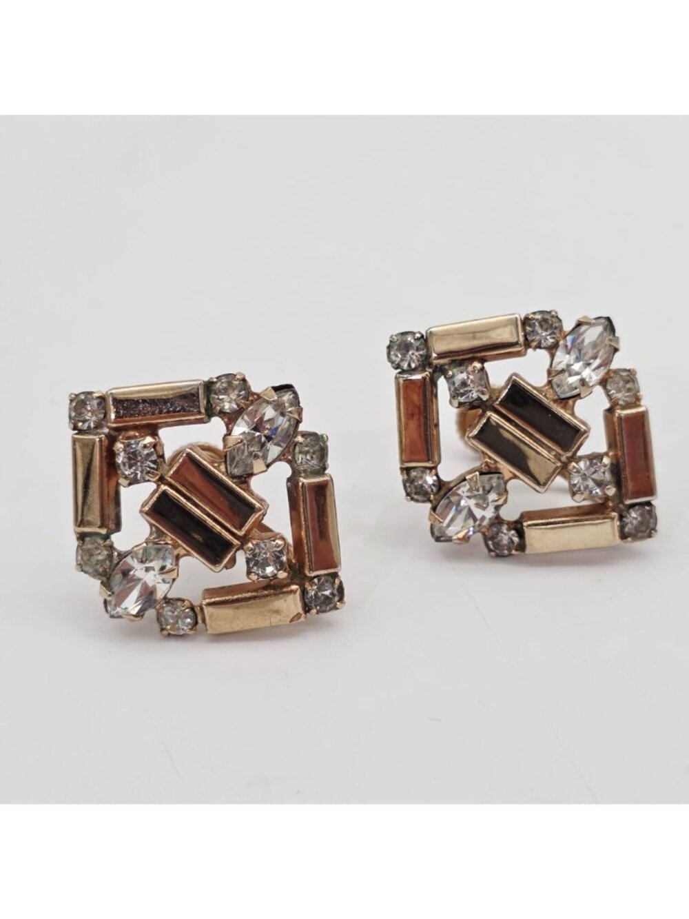 Gold-Tone Geometric Clip-On Earrings Clear Rhinestones Diamond Shape Retro Jewel - Picture 4 of 6
